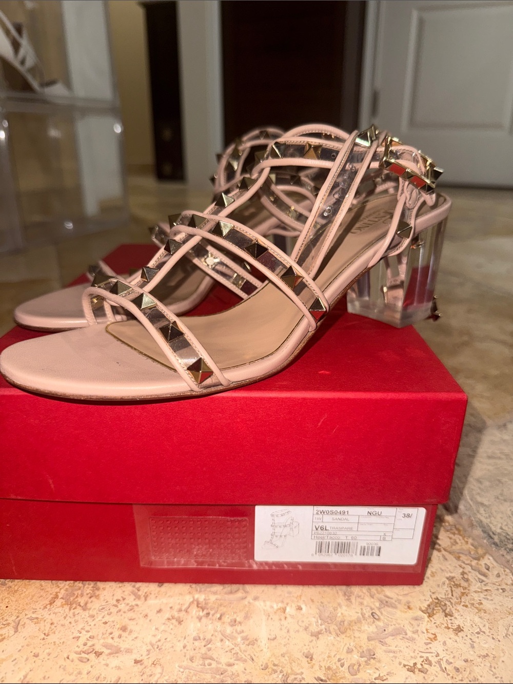 Valentino Blush Pink Rockstud Clear Block Heel Sandals